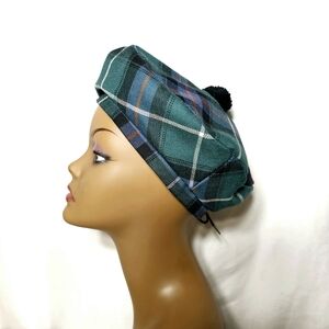 Lochcarron 100% New Wool Green & Blue Plaid Tam O'Shanter Scotland Hat